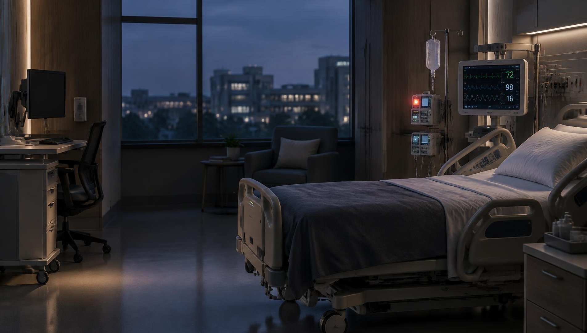 A calm hospital room with bedside monitoring equipment